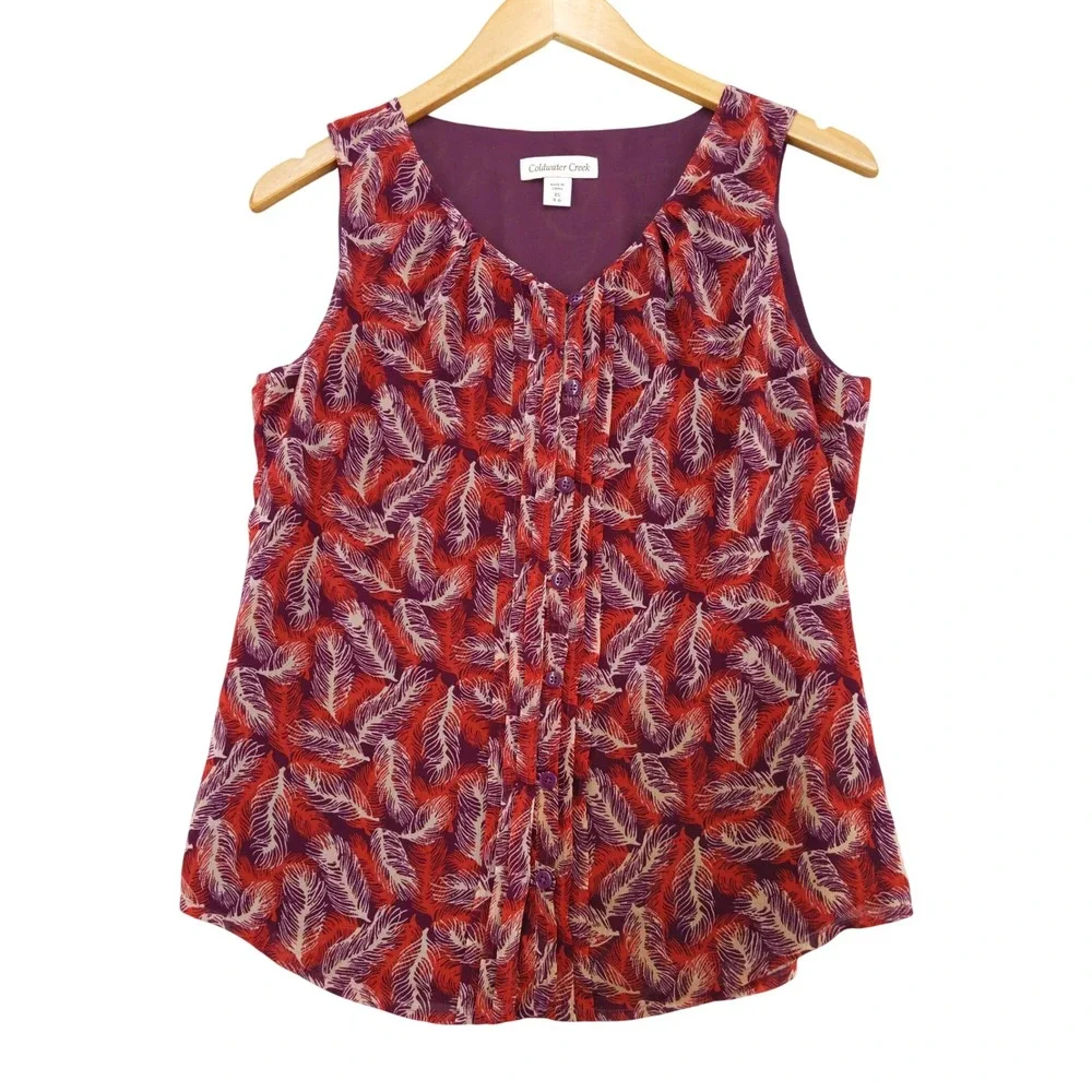 Coldwater Creek Blouse Women XS Red Purple Feather Print Pleated Chiffon Tank